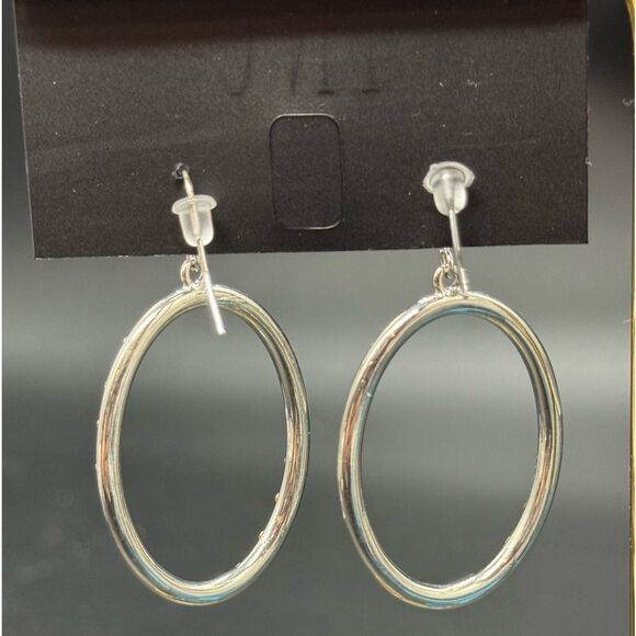 INC Silver Tone Fish Hook Dangling Oval Ring with Crystals Earrings 2 inch - Picture 4 of 5